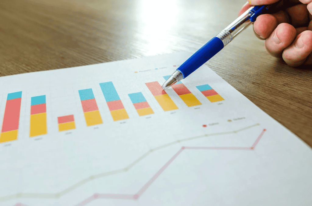 A person holding a pen points to a red, blue, and orange graph.